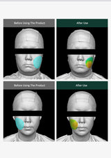 Before and after comparison of a product's effect on skin, shown on a person's face.