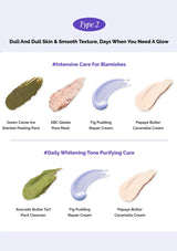 Cosmetic product swatches with text on a white background