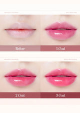 Lipstick application process showing 'Before', '1 Coat', '2 Coat', and '3 Coat' on lips.