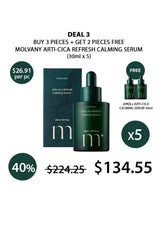 Promotional offer for Molvany Anti-Cica Refresh Calming Serum with packaging and pricing details.