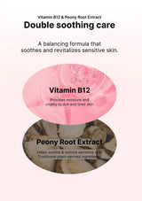 Product packaging with Vitamin B12 and Peony Root Extract for skin care, featuring text about double soothing care.