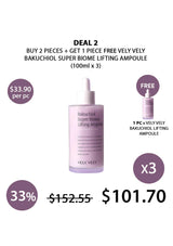 Promotional offer for Vely Vely Bakuchiol Super Biome Lifting Ampoule with a free ampoule included.