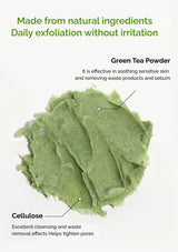 Green tea powder and cellulose exfoliant with text on natural ingredients and benefits.