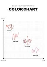 Color chart for blur fixing lip pencil with lip swatches on a white background