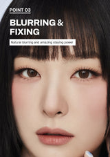 Woman with long eyelashes and dark hair, with text about blurring and fixing.