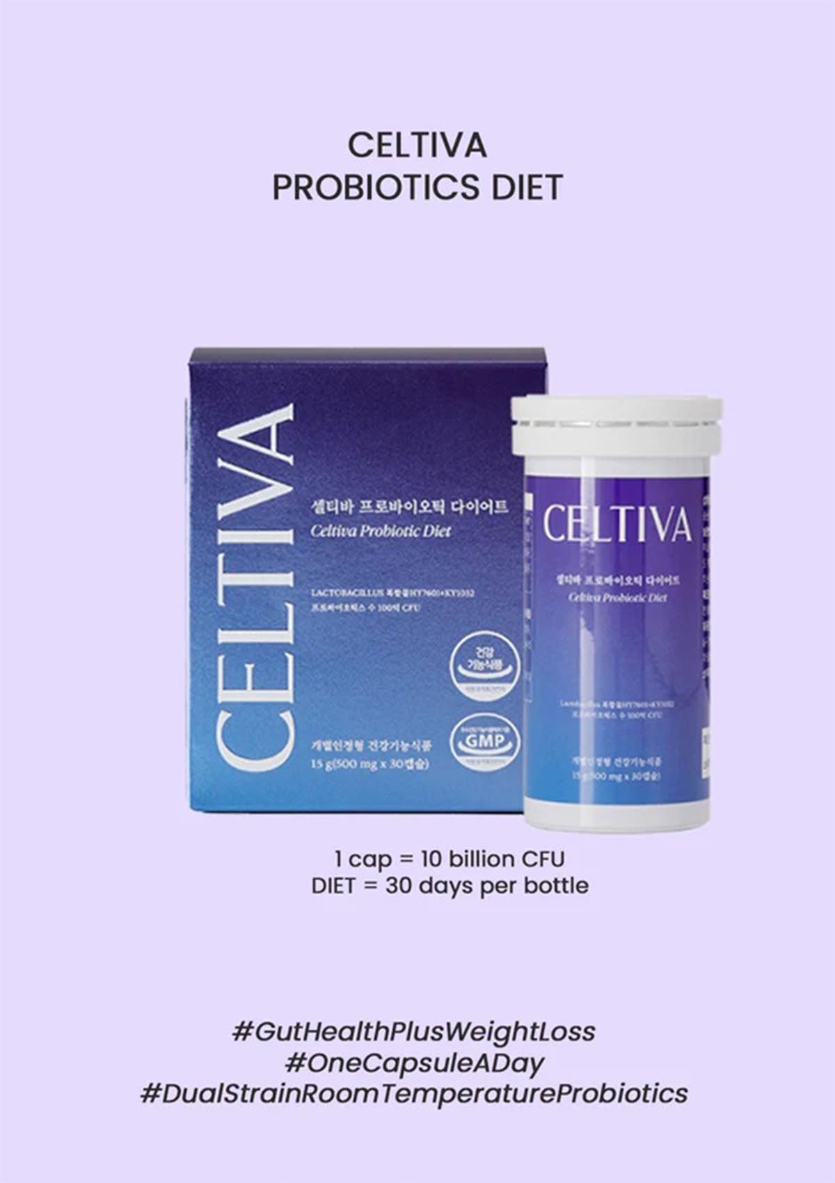 Celtiva Probiotics Diet product package on a light lavender background, showing a blue box and a white bottle with blue labeling. Text above reads 'CELTIVA PROBIOTICS DIET' and text below includes dosage information and hashtags.