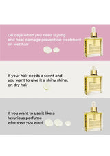 Three bottles of hair product with text describing their uses on different hair conditions.