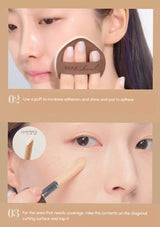 Makeup product application on a person's face with text instructions.