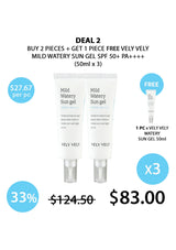 Promotional offer for Vely Vely Mild Watery Sun Gel with pricing and quantity details.