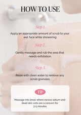 Product description text with a strawberry sorbet texture and white strawberry water focus on moisturizing and exfoliating skin.