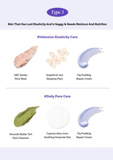 Skincare product lineup for skin with elasticity issues on a white background