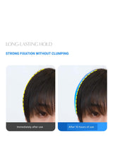 Before and after comparison of hair product application with text on long-lasting hold and strong fixation.