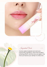 Lip balm with a brand name held by a hand, close-up of lips, and flower graphic on a white background.