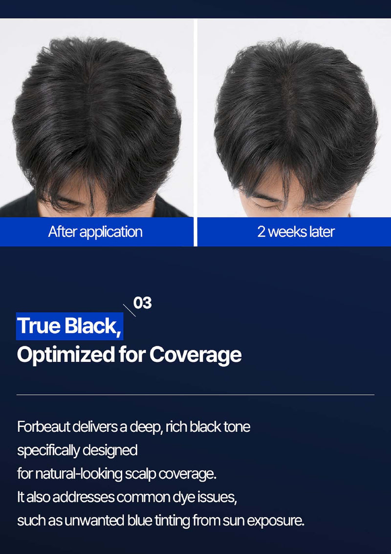 Before and after comparison of hair color treatment with text about 'True Black, Optimized for Coverage' on a blue background.