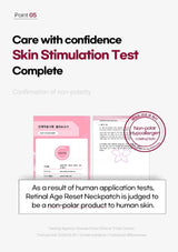 Advertisement for a skin stimulation test with product packaging and text on a white background