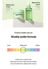 Torriden Balance Cica Cream and Serum with pH balance information on a white background