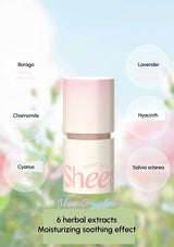 Skincare bottle labeled 'Shee' with floral elements and text about herbal extracts on a light background