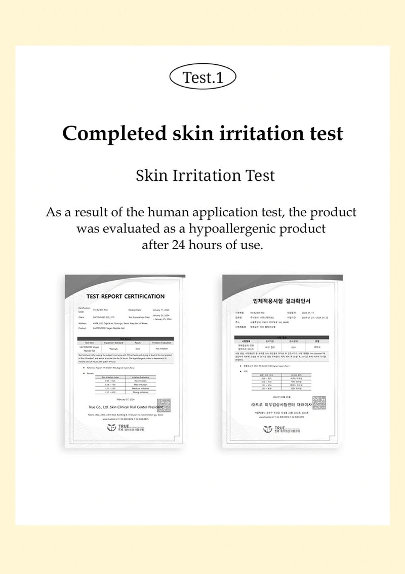 Completed skin irritation test report with certification documents on a light yellow background