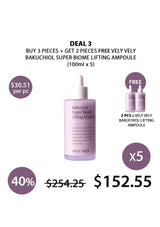 Promotional offer for Vely Vely Bakuchiol Super Biome Lifting Ampoule with pricing and free product details on a white background.
