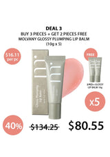 Molvany glossy plumping lip balm with promotional offer on a white background