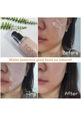 Cosmetic product application on skin with 'Before' and 'After' comparison, featuring TONYMOLY brand.