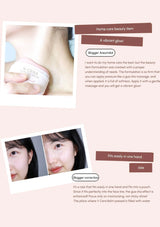Product packaging with text and images of a person applying a cream, set against a light pink background.