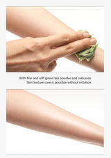 Hand applying green tea powder to skin with text about skin texture care.