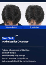 Before and after comparison of hair color treatment with text describing product benefits.
