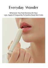 Lip balm being applied to lips with text about its use.