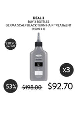 Derma Scalp Black Turn Hair Treatment bottle with promotional text on a white background