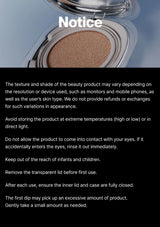 Cosmetic compact with brown shade and warning label on black background