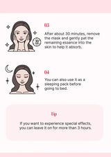 Instructions for using a skincare mask with illustrations and text on a pink background