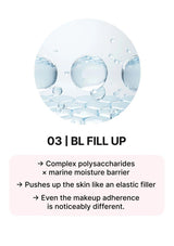 Product description with text and water droplet graphic on a white background