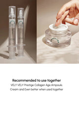 Two VELY VELY Collagen Age Ampoules and a jar of cream on a neutral background.