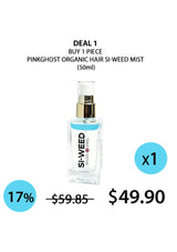 Pinkghost Organic Hair Si-Weed Mist bottle with promotional text on a white background