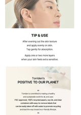 Product usage instructions and sustainability information for Torriden on a white background