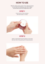 Instructions on how to use a Jakyoung cream with text and images of hands applying the cream.