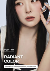 Woman using a beauty tool with text 'Radiant Color' on a light gray background