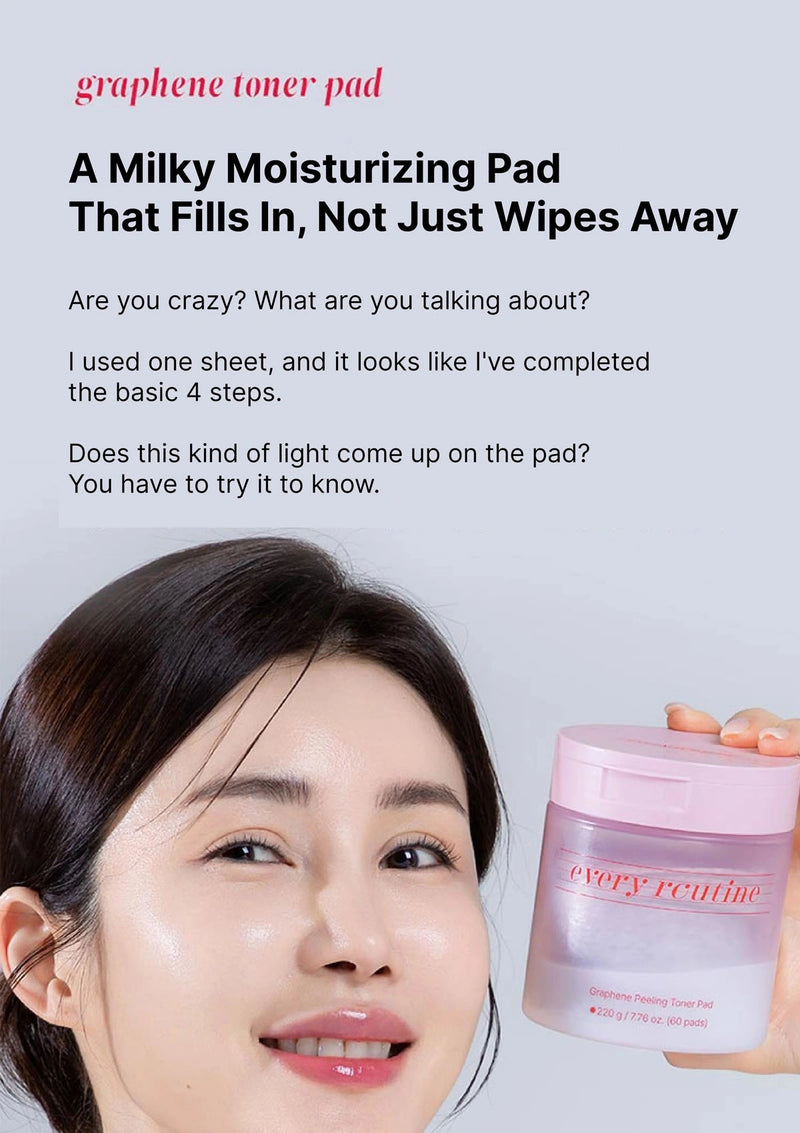 Person holding a pink container with text about a Milky Moisturizing Pad on a light gray background