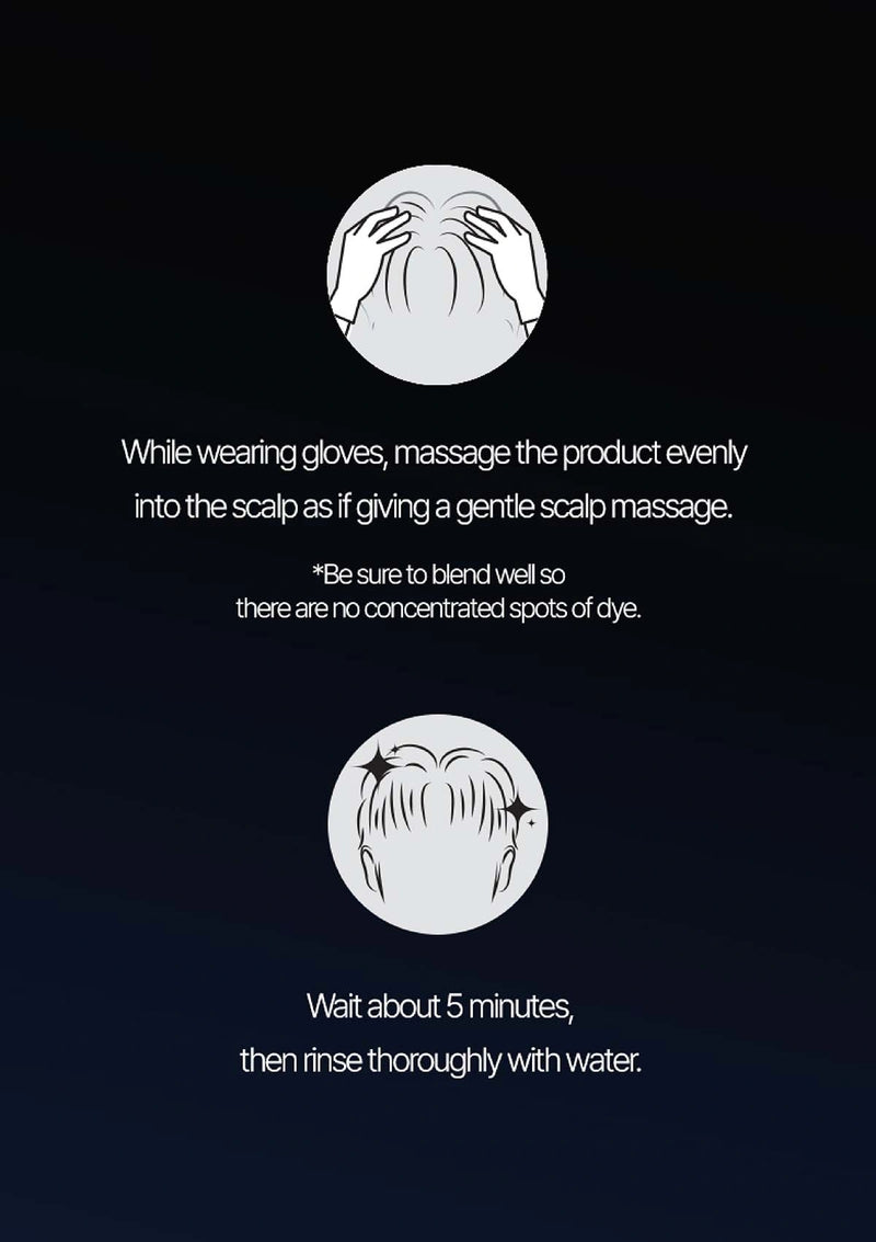 Instructions for using a hair product with text and illustrations on a black background