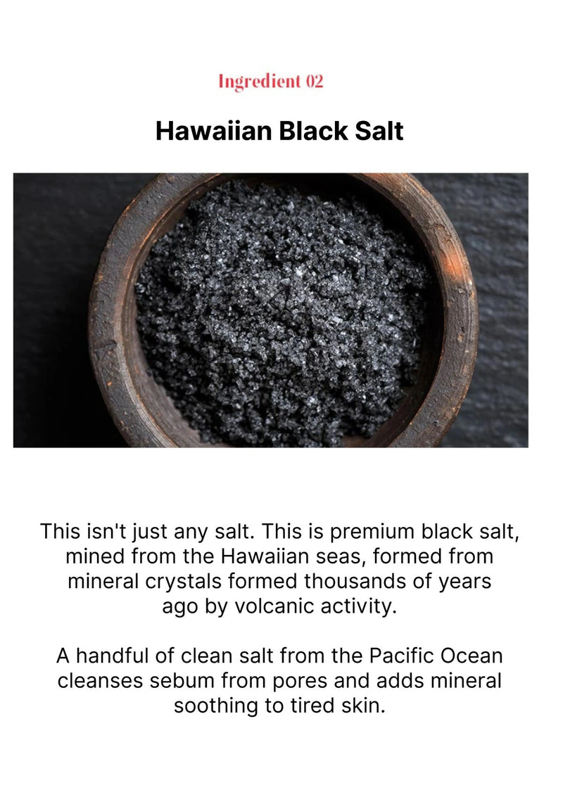Hawaiian Black Salt in a wooden bowl with descriptive text about its origin and benefits.