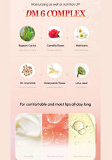 DM 6 Complex lip balm packaging with natural ingredients and moisturizing benefits on a pink background.