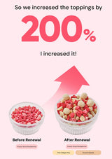Comparison of freeze-dried strawberry and fish collagen pet food with increased toppings by 200%, on a white background.