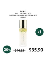 Vely Vely Prestige Collagen Age Cream Mist bottle with promotional text on a white background