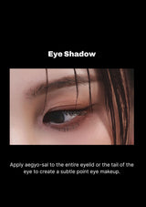 Close-up of an eye with makeup application instructions on a black background