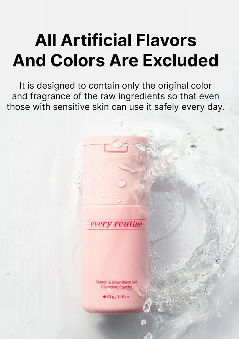 Pink skincare product with water droplets and text about artificial flavors and colors on a light gray background