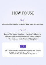 Instructions on how to use a cream product with step-by-step guidance on a light purple background.