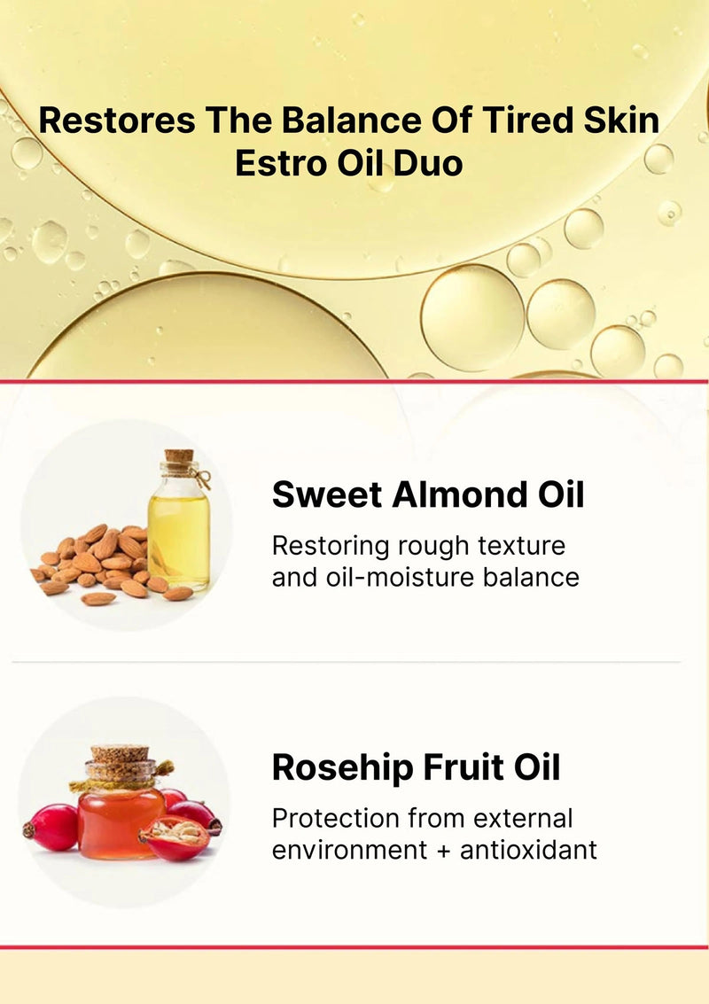 Advertisement for Estro Oil Duo with sweet almond oil and rosehip fruit oil on a beige background.