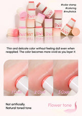 Sheer lipstick with color stamp and multistick features, showing application on skin.