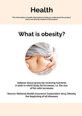Informational text about obesity with a close-up of a person's arm and hand on a beige background.